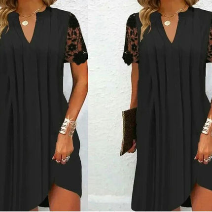 Women's Casual Dress Loose V Neck Lace Short Sleeve Mini Summer Dresses