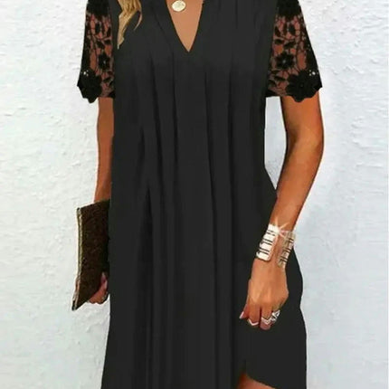 Women's Casual Dress Loose V Neck Lace Short Sleeve Mini Summer Dresses
