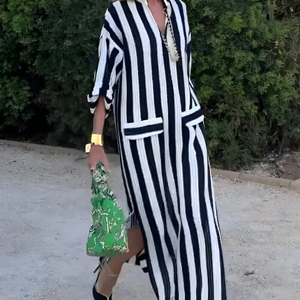 Women Summer Casual V Neck 3/4 Sleeve Dress Side Slits Striped Maxi Dress