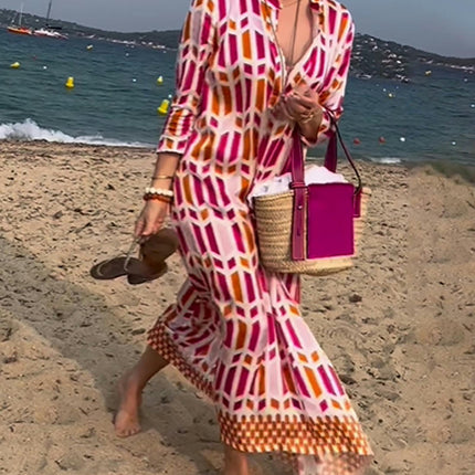Women's Summer V Neck Dresses Boho Casual 3/4 Sleeve Print Maxi Dress