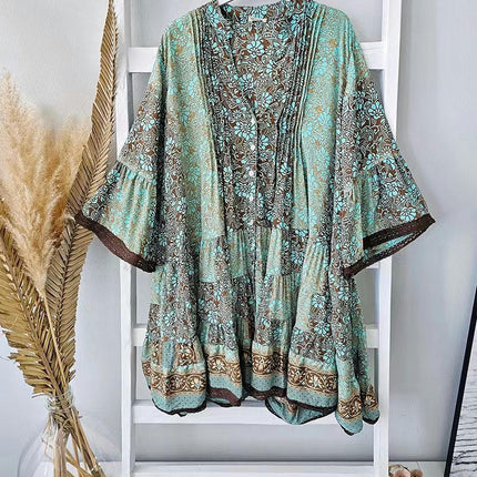 Women's Casual Floral Print Dress Loose V Neck 3/4 Bell Sleeve Flowy Mini Summer Dresses