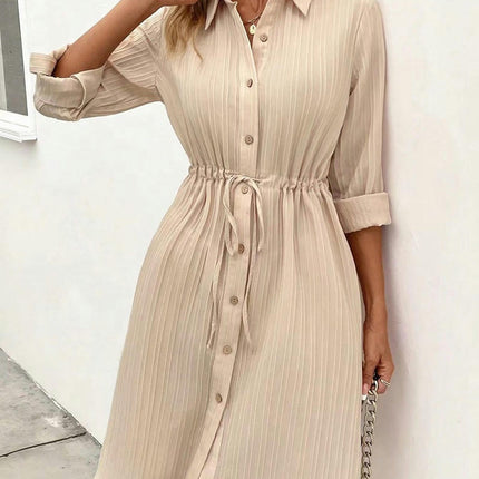Womens Casual Midi Dresses Solid V Neck Roll Up Sleeve Button Down Drawstring Shirt Dress