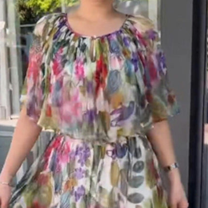 Womens Flowy Dresses Summer Casual Ruffled Sleeve Empire Waist Boho Floral Print Long Dress