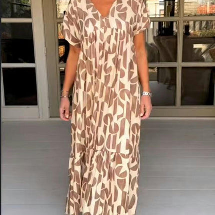 Women's Summer Short Sleeve V Neck Casual Loose Flowy Print Maxi Dresses