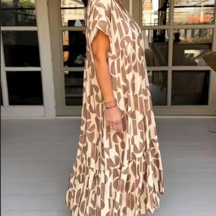 Women's Summer Short Sleeve V Neck Casual Loose Flowy Print Maxi Dresses