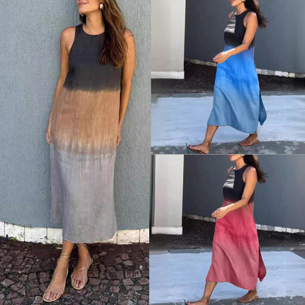 Womens Summer Crewneck Dresses Sleeveless Color Block Side Split Maxi Tank Dress