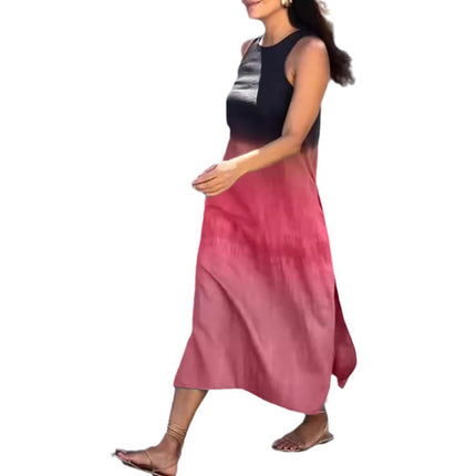 Womens Summer Crewneck Dresses Sleeveless Color Block Side Split Maxi Tank Dress