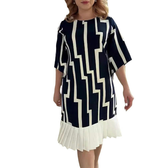 Womens Summer Dresses Print Crew Neck 3/4 Sleeve Casual Pleated Swing Midi Dress