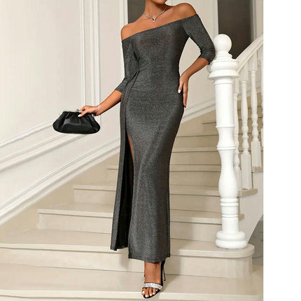 Women's Off Shoulder Maxi Dress 3/4 Sleeve Split Bodycon Sexy Dresses