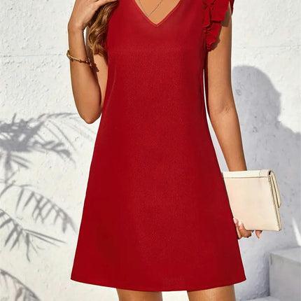 Women's Solid V Neck Ruffle Trim Cap Sleeve Summer Tunic Mini Dress