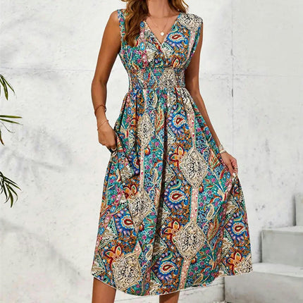 Women's Floral Summer Dress Sleeveless V Neck Smocked Waist Flowy Dresses
