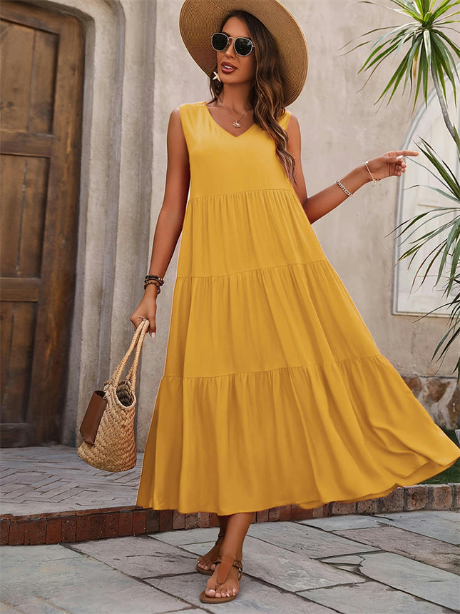Women's Summer Casual Sleeveless V Neck Ruffle Tiered A Line Maxi Dress