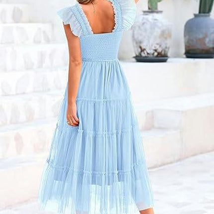 Women's Ruffled Cap Sleeve Smocked Midi Dress Summer Casual Tiered A-Line Dress