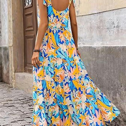 Womens Summer Floral Maxi Dresses Sleeveless Tie Strap Ruffle Tiered Flowy Dresses