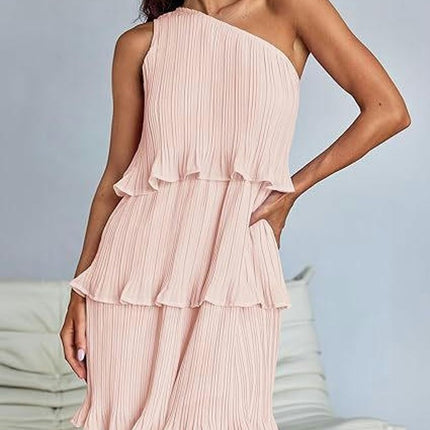 Women's Summer One Shoulder Sleeveless Ruffle Layered Chiffon Pleated Flowy Mini Dress
