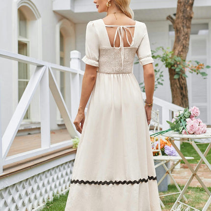 Womens Summer Dresses Square Neck Smocked Puff Short Sleeve A-Line Maxi Dress