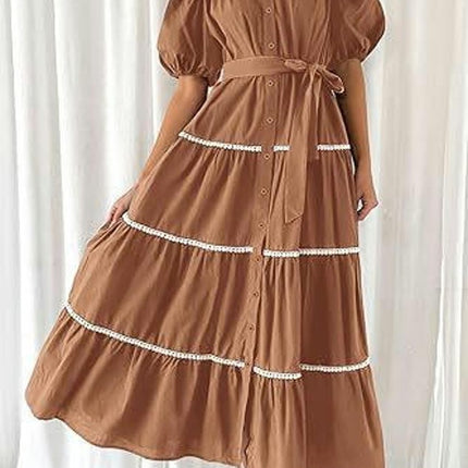 Women's Summer Puff Short Sleeve Button Down Shirt Dress with Belt Flowy Tiered Maxi Dress
