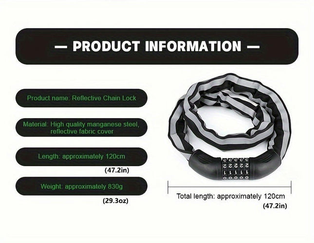 High Security Bike Lock, 5 Password Digital Security Anti-Theft Reflective Chain Lock For E-Bike