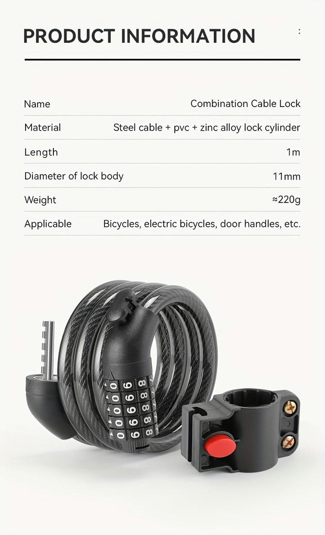 Stainless Steel Bike Lock with 4-Digit Combination - Portable Anti-Theft Chain for Mountain & Bikes