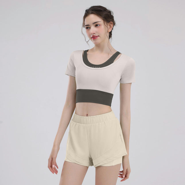 Women's 2-piece Sports Suit-Short-Sleeved Fitness Top with Lined Cycling Shorts