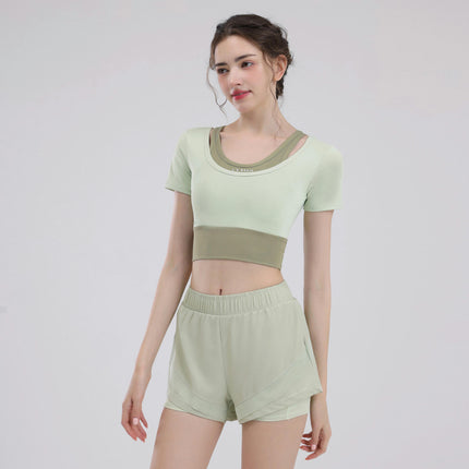 Women's 2-piece Sports Suit-Short-Sleeved Fitness Top with Lined Cycling Shorts