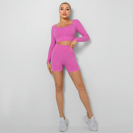 Long Sleeve Workout Shirt for Women Short Tops Tummy Control Leggings Fitted 2 Pieces Sets