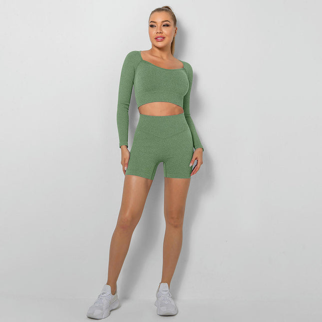 Long Sleeve Workout Shirt for Women Short Tops Tummy Control Leggings Fitted 2 Pieces Sets