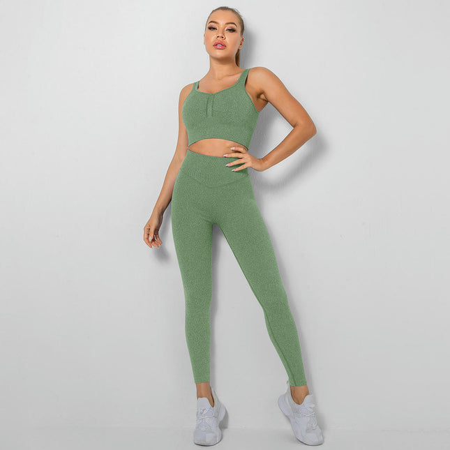 Women's Ribbed Workout Outfits 2 Piece Seamless Sport Bra High Waist Yoga Leggings Sets