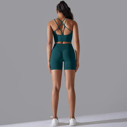 Women's Fitness Suit 2-piece Cross-back Sports Bra High Waist Yoga Shorts Set