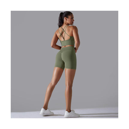 Women's Fitness Suit 2-piece Cross-back Sports Bra High Waist Yoga Shorts Set