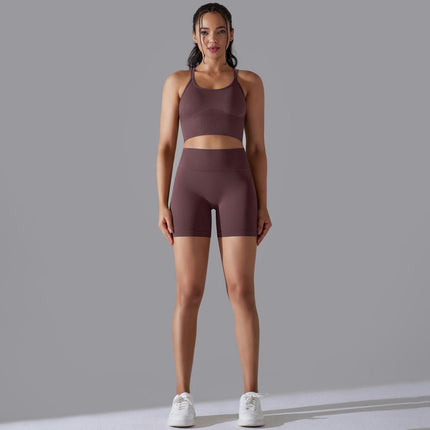 Women's Fitness Suit 2-piece Cross-back Sports Bra High Waist Yoga Shorts Set