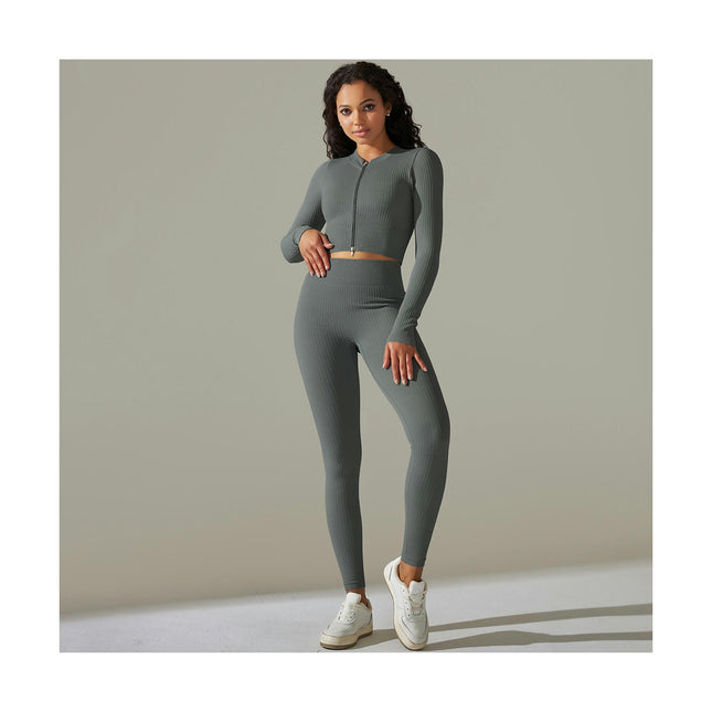 Women's Fitness Set 2-piece Long Sleeve High Waist Skinny Pants Set Zipper Top Gym