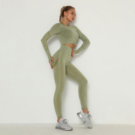 Women's Fitness Set 2-Piece Set Long Sleeve Yoga Wear Fitness Wear Seamless Cropped Top High Waist Leggings