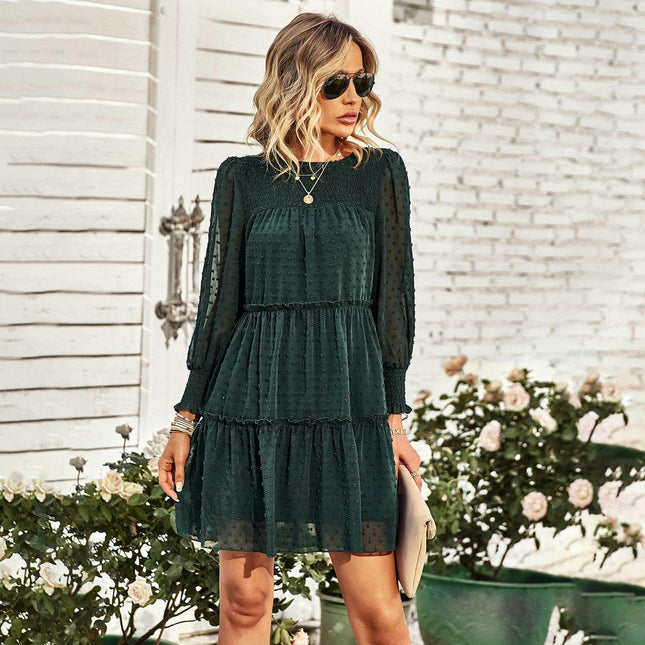 Women's Long Sleeve Dresses Smocked Crew Neck Ruffle Tiered Babydoll Mini Dress