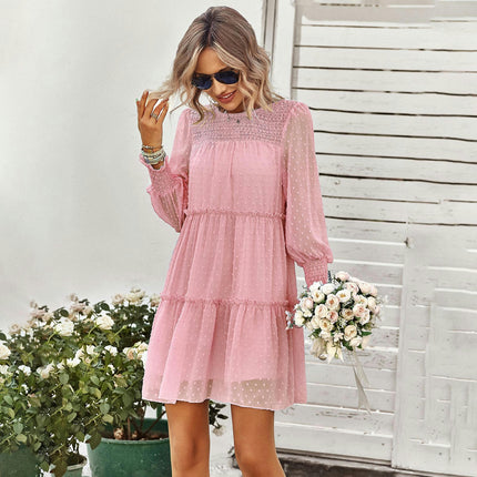 Women's Long Sleeve Dresses Smocked Crew Neck Ruffle Tiered Babydoll Mini Dress