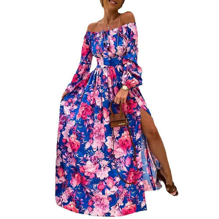 Women Casual Maxi Dresses Long Sleeve Off The Shoulder High Wais Floral Boho Long Dress