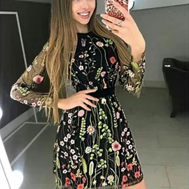 Women Floral Embroidered Evening Dress Crew Neck Long Sleeves Wedding Cocktail Mini Gown