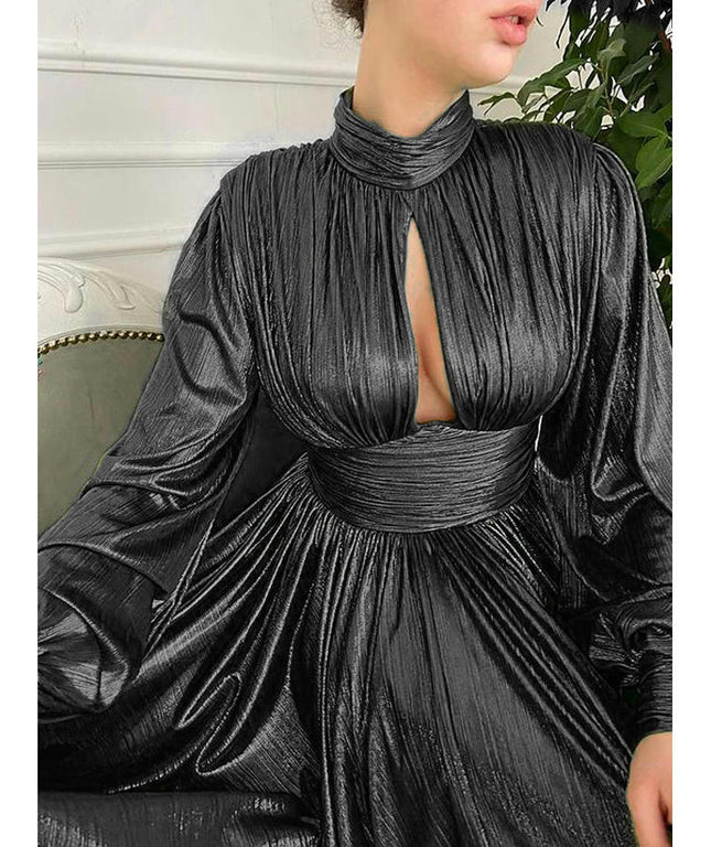 Formal Long Sleeve Dress for Women Mock Neck Ruched A Line Flowy Sparkly Evening Party Dresses