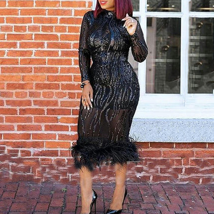 Women's Sparkly Sequin Dress Mock Neck Mesh Long Sleeve Bodycon Party Mini Dress