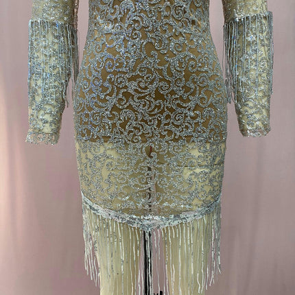 Womens Glitter Sequin Tassels Prom Dress Deep V Neck Long Sleeve Bodycon Evening Party Dress