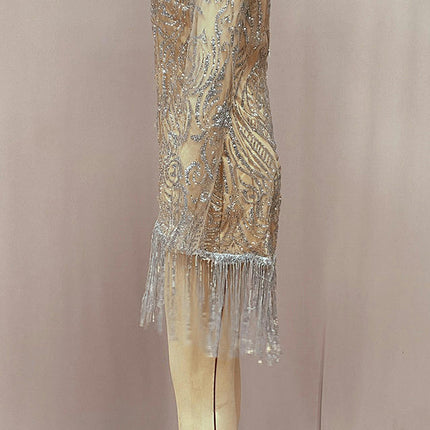 Womens Glitter Sequin Tassels Prom Dress V Neck Long Sleeve Bodycon Evening Party Mini Dress