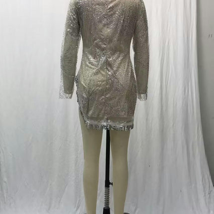 Women Sparkly Tassels Long Sleeve Bodycon Mini Dress Mock Neck Slit Party Evening Dress