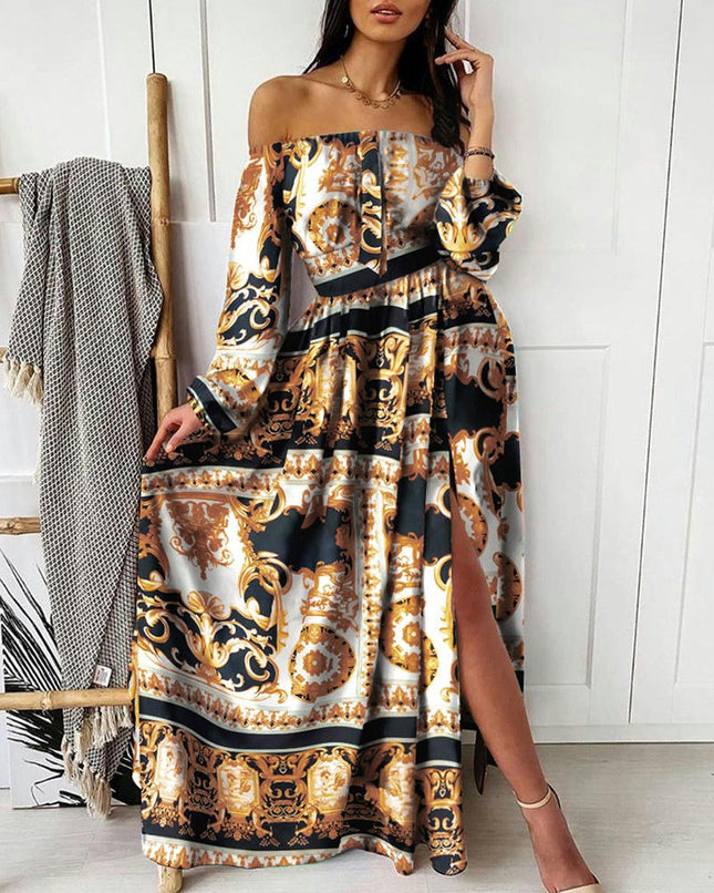 Women's Floral Print Long Sleeve Maxi Dress Off The Shoulder Split A-line Beach Dresses