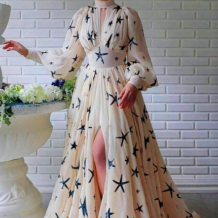 Women's Sequins Chiffon Puff Long Sleeve Maxi Dress Mock Neck Split Flowy Dresses