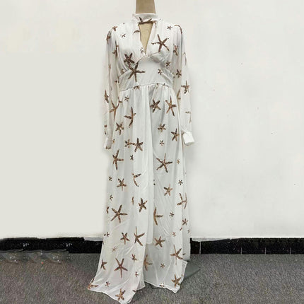 Women's Sequins Chiffon Puff Long Sleeve Maxi Dress Mock Neck Split Flowy Dresses