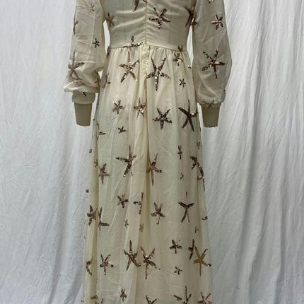 Women's Sequins Chiffon Puff Long Sleeve Maxi Dress Mock Neck Split Flowy Dresses