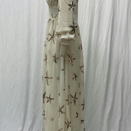Women's Sequins Chiffon Puff Long Sleeve Maxi Dress Mock Neck Split Flowy Dresses