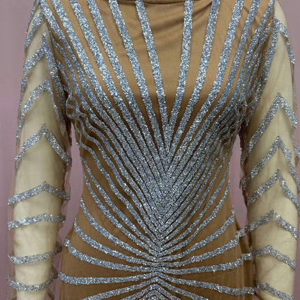 Womens Sparkly Tulle Mermaid Long Sleeve Evening Dress Crew Neck Formal Prom Gowns
