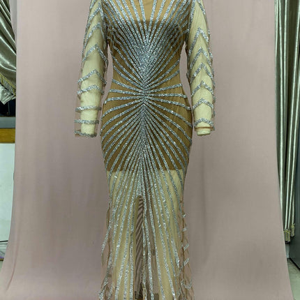 Womens Sparkly Tulle Mermaid Long Sleeve Evening Dress Crew Neck Formal Prom Gowns