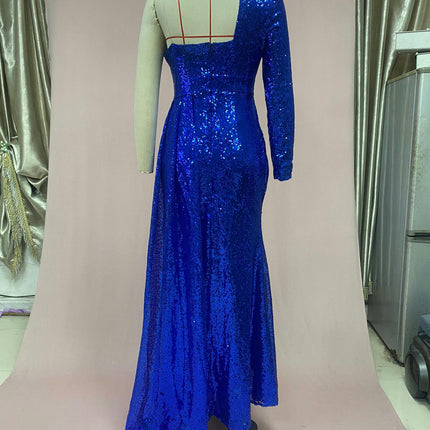 Women's One Shoulder Sequin Prom Dresses Long Sleeve Mermaid Formal Evening Gowns